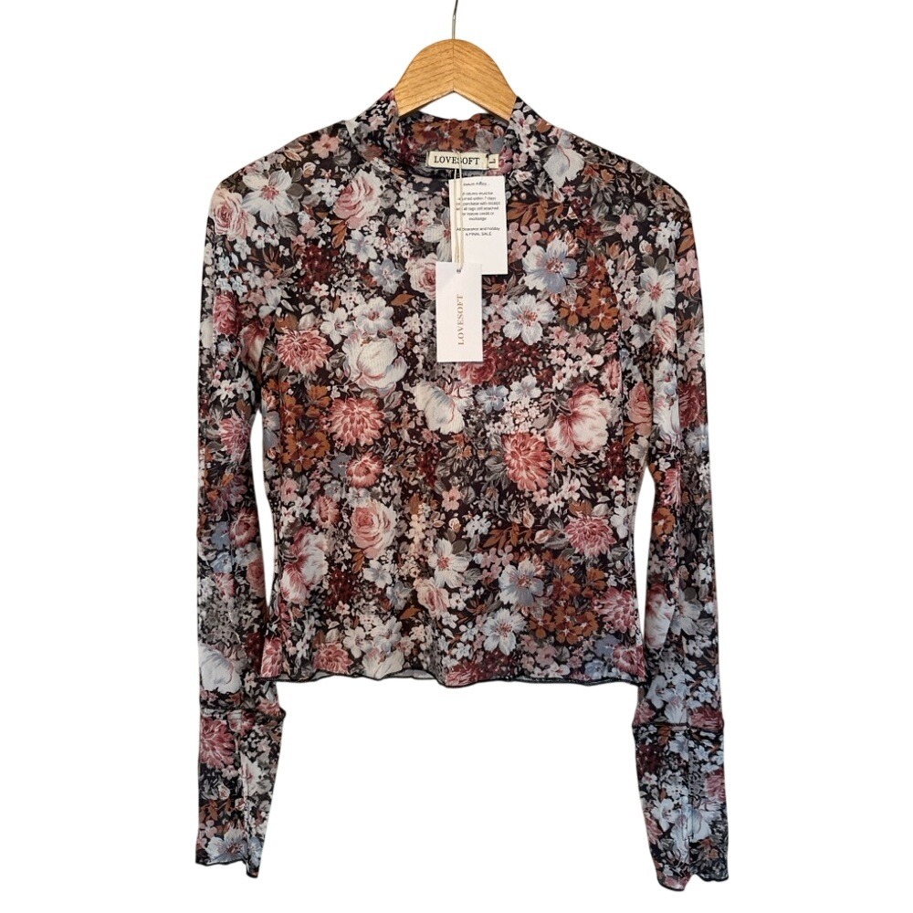 LOVESOFT Floral Mesh Top Womens Large Multicolor NWT Mock Neck Long Sleeve